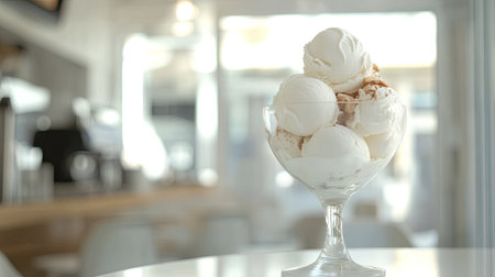 Ice cream scoops piled high in a clear glass, inside a bright and airy white caf.の素材