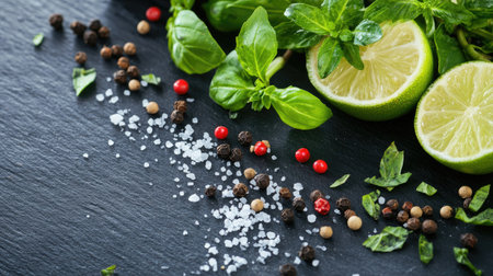 Green herbs with a colorful mix of pepper seeds, lime, and salt on a slate surface, showcasing the essentials of flavorful cooking.の素材