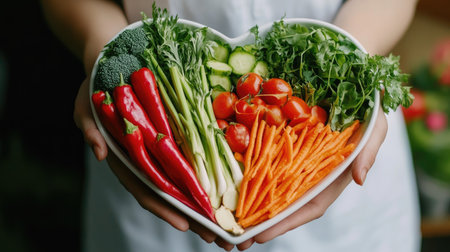 Heart-shaped plate filled with fresh vegetables, held by a nutritionist's hand.の素材