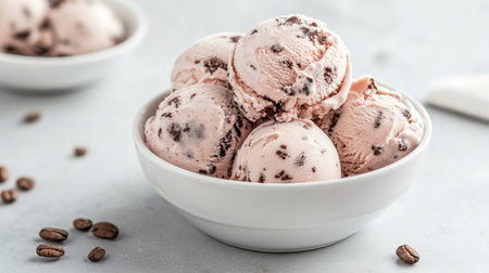 Ice cream scoops stacked in a bowl, with a white caf background.の素材