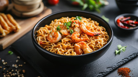 Instant noodles with stir-fried seafood in a spicy sauce, laid out on a black stone slate with assorted spices and a wooden board in the background.の素材