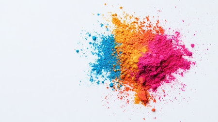 Happy Holi decoration, the indian festival.Top view of colorful holi powder on white background.の素材