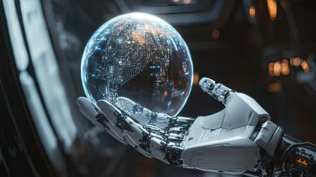 Human hand and robotic hand cradling a virtual globe with futuristic digital elements.の素材