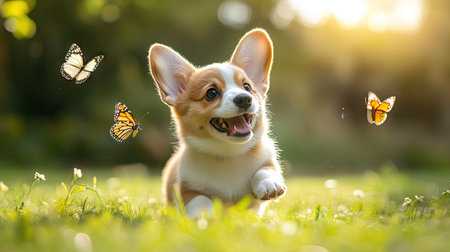 Happy little Pembroke Welsh Corgi puppy chasing butterflies in a green clearing, looking playful. -の素材