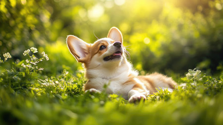 Happy little Pembroke Welsh Corgi puppy lying on its belly in a green clearing, looking up happily.の素材