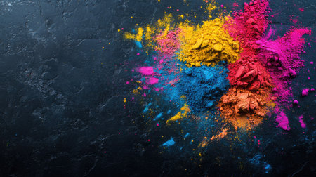 Happy Holi decoration, the indian festival.Top view of colorful holi powder on dark stone background.の素材