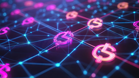 Interconnected currency symbols glowing in a vibrant 3D financial network. -の素材