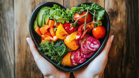 Heart-shaped dish of fresh vegetables held by a nutritionist's hand, representing balanced nutrition.の素材