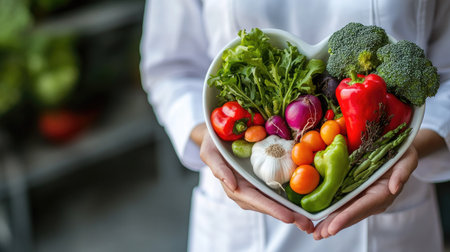 Heart-shaped plate of fresh vegetables in the hand of a nutritionist, symbolizing healthy eating. -の素材
