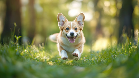 Happy little Pembroke Welsh Corgi puppy bounding through a green clearing, full of energy and happiness.の素材
