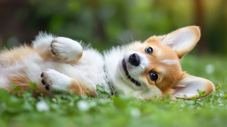 Happy little Pembroke Welsh Corgi puppy rolling on its back in a green clearing, full of happiness.の素材