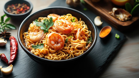 Instant noodles with spicy stir-fried seafood, surrounded by different spices, showcased on a black stone slate with a wooden board background.の素材