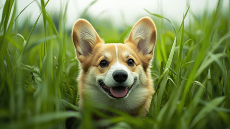 Happy little Pembroke Welsh Corgi puppy surrounded by tall grass in a green clearing, looking content. -の素材