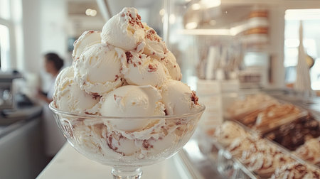 Ice cream scoops piled high in a clear glass, inside a bright and airy white caf.の素材