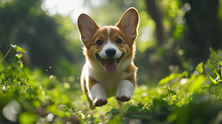 Happy little Pembroke Welsh Corgi puppy bounding through a green clearing, full of energy and happiness.の素材