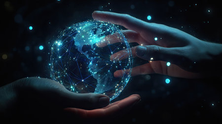 Human and robotic hands together, presenting a glowing digital globe with interconnected nodes.の素材