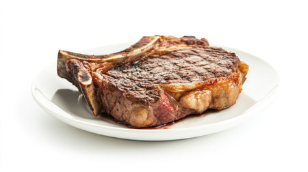 Isolated grilled beef steak with bone on a white plate, set against a white background. The charred exterior highlights the steak's flavor.の素材