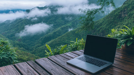 Laptop on a wooden deck, facing the lush green mountains and misty clouds, creating a harmonious workspace.の素材