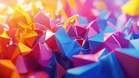 Lively 3D composition featuring vibrant, energetic polygonal shapes in motion.の素材