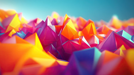 Lively 3D rendering of moving polygonal shapes with a vibrant, energetic feel.の素材
