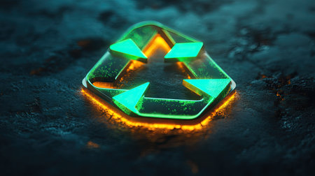 Luminous 3D recycling symbol with green arrows, representing the importance of recycling.の素材