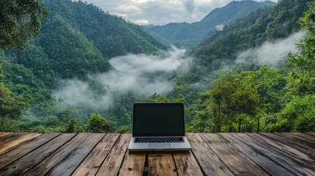 Laptop on a wooden deck, with lush green mountains and misty clouds creating a perfect balance of work and nature.の素材
