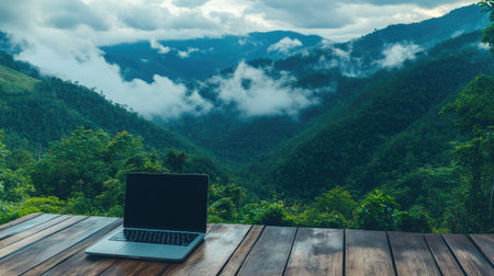 Laptop on a wooden deck, facing the lush green mountains and misty clouds, creating a harmonious workspace.の素材