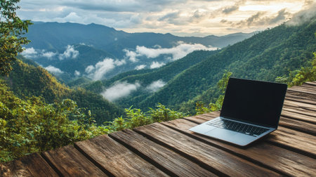 Laptop on a wooden deck, overlooking lush green mountains and misty clouds, perfect for a productive and peaceful day. -の素材