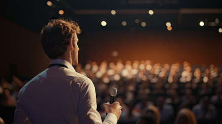 Male Asking a Question to a Speaker During a Q and A Session at an International Tech Conference in a Dark Crowded Auditorium. Young Specialist Expressing an Opinion During a Global Business Summit. -の素材