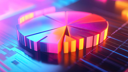 Luminous segments in a 3D financial pie chart, creating a radiant and eye-catching design.の素材