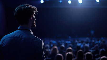 Male Asking a Question to a Speaker During a Q and A Session at an International Tech Conference in a Dark Crowded Auditorium. Young Specialist Expressing an Opinion During a Global Business Summit. -の素材