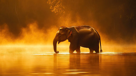 Large elephant wading through an Indian lake at sunrise, with golden light casting a warm glow on the scene.の素材