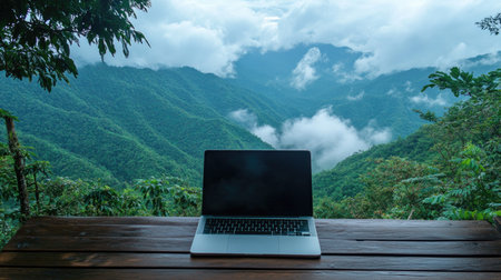 Laptop on a wooden deck, with lush green mountains and misty clouds creating a calming work environment.の素材
