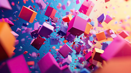 Lively 3D scene with colorful, moving polygonal shapes and a dynamic, energetic feel. -の素材