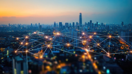 Network connection line between building over of cityscape background network and connection concept -の素材