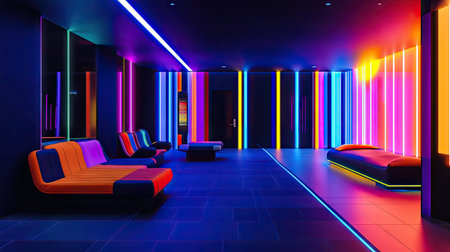 Neon-lit room with black walls, showcasing colorful neon tubes and a sleek interior.の素材