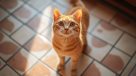 Orange cat standing on a tiled floor with a serene expression, radiating relaxation.の素材