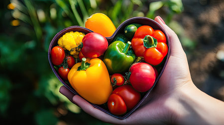 Nutritionist's hand holding a heart-shaped dish filled with colorful, fresh vegetables. -の素材