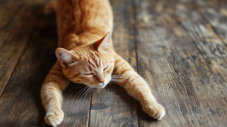 Orange cat standing on a wooden floor, stretching its body in a relaxed manner.の素材
