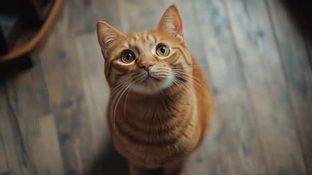 Orange cat standing on a clean floor, looking up with a relaxed and serene expression.の素材