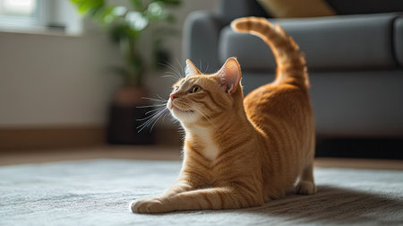 Orange cat standing on the floor, calmly stretching with a relaxed pose.の素材