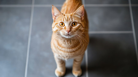 Orange cat standing on a tiled floor with a serene expression, radiating relaxation.の素材