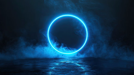 Neon blue color geometric circle on a dark background. Round mystical portal. Mockup for your logo. Futuristic smoke. Mockup for your logo. -の素材