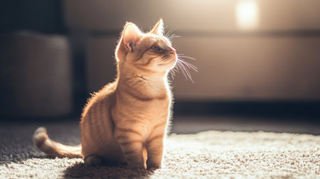 Orange cat standing on a soft carpet, looking relaxed and comfortable in its environment.の素材