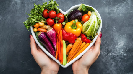Nutritionist's hand presenting a heart-shaped dish with an assortment of colorful veggies.の素材