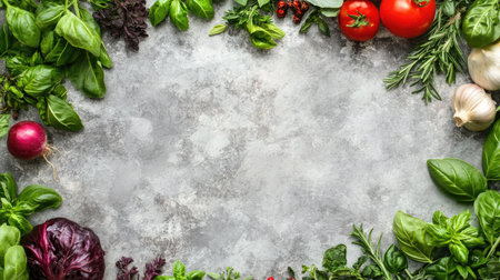 Organic vegetables and fresh herbs, including basil and rosemary, forming a border around a gray stone background. Perfect for health-focused designs with space for text. -の素材