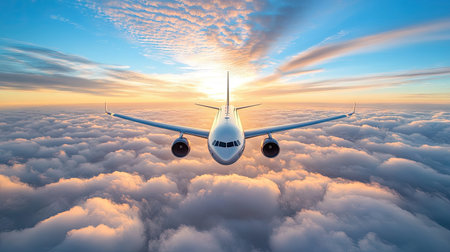 Passenger airplane flying at flight level high in the sky above the clouds and blue sky sunriseの素材