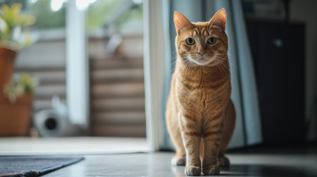 Orange cat standing on the floor, paws firmly planted, in a relaxed and confident pose. -の素材