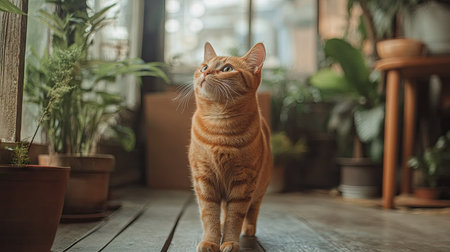 Orange cat standing on the floor, ears perked up, in a relaxed and attentive stance.の素材