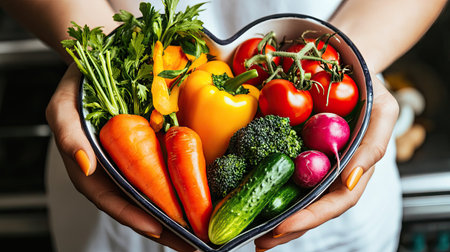 Nutritionist's hand holding a heart-shaped dish filled with vibrant fresh vegetables. -の素材